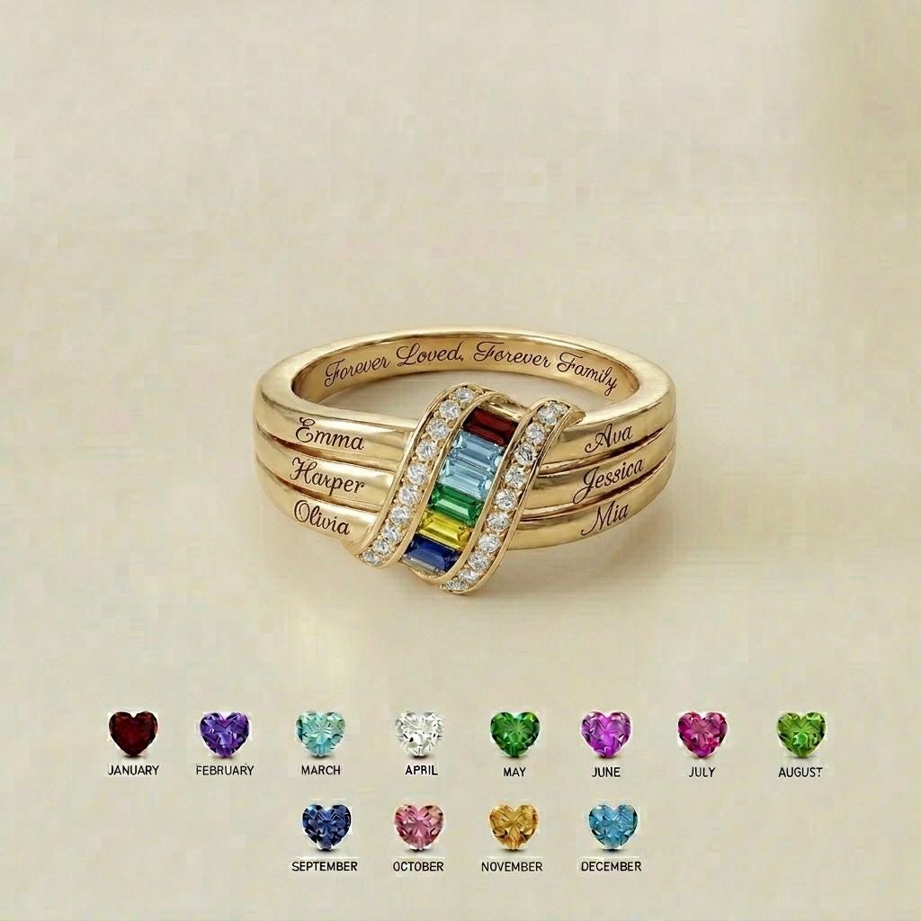 Personalized six-name ribbon birthstone ring