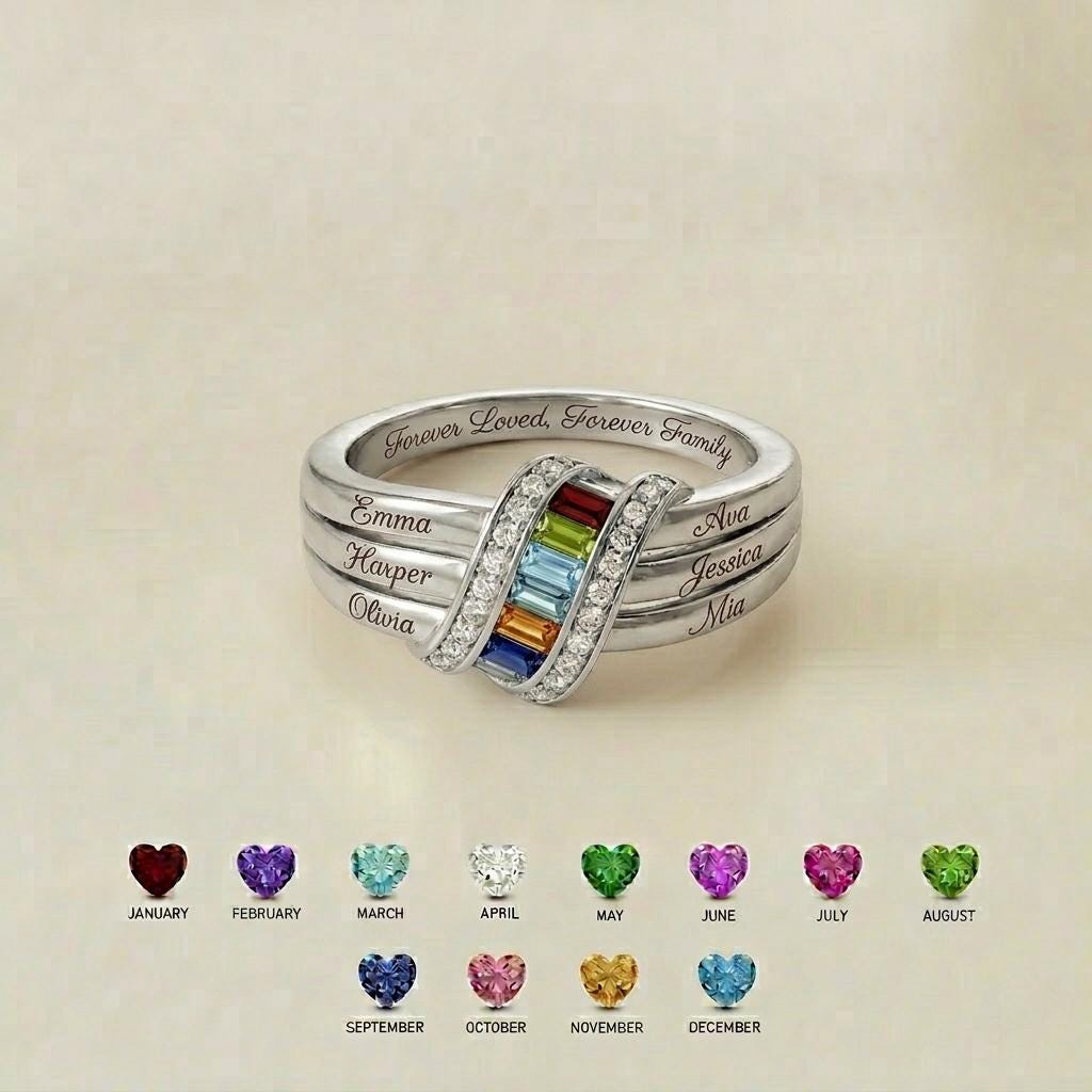 Personalized Six Birthstone Name Ring | Ribbon Wrap Family Birthstone Ring for Mother Daughter Jewelry | Sentimental Family G