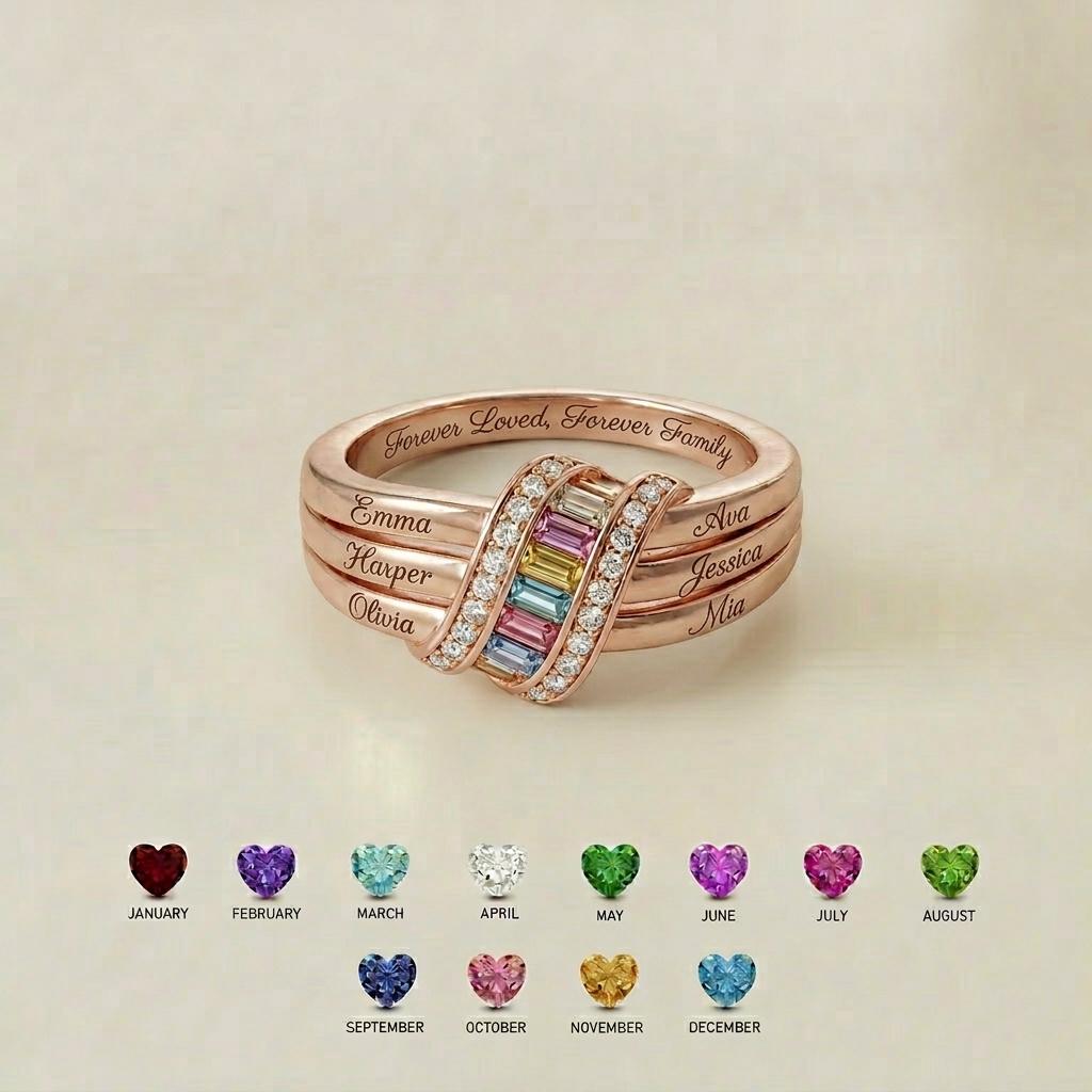 Personalized Six Birthstone Name Ring | Ribbon Wrap Family Birthstone Ring for Mother Daughter Jewelry | Sentimental Family G