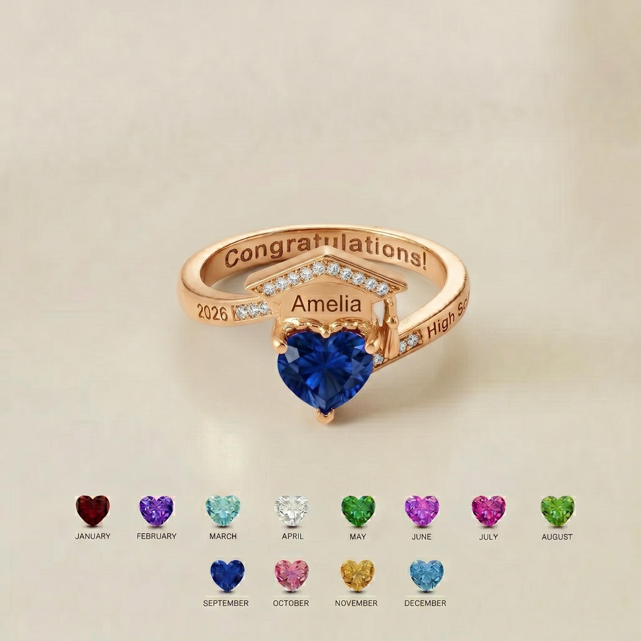 Graduation Cap Birthstone Ring | Personalized School Keepsake Jewelry | Custom Graduate Gift with Name | BRS060