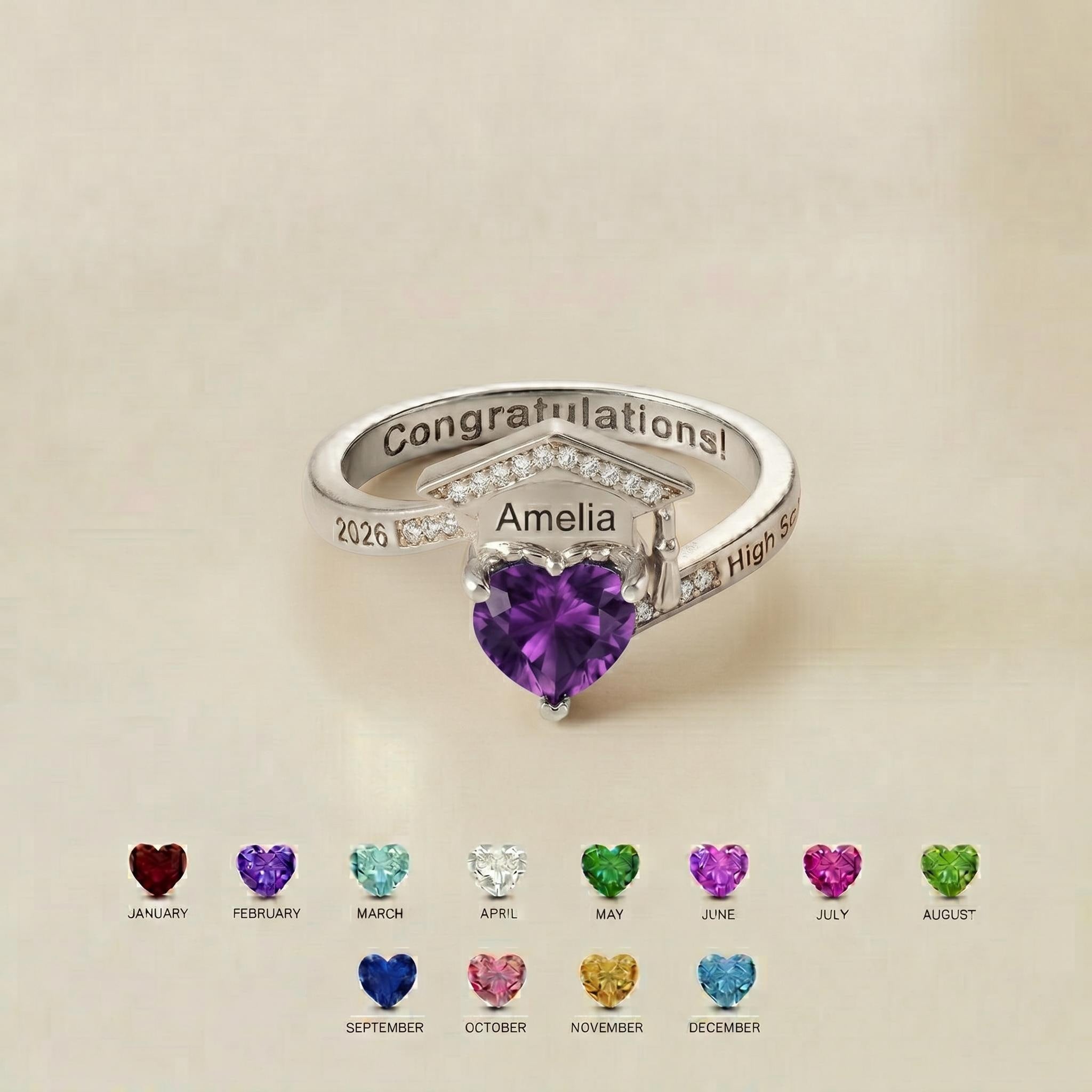 Graduation Cap Birthstone Ring | Personalized School Keepsake Jewelry | Custom Graduate Gift with Name | BRS060