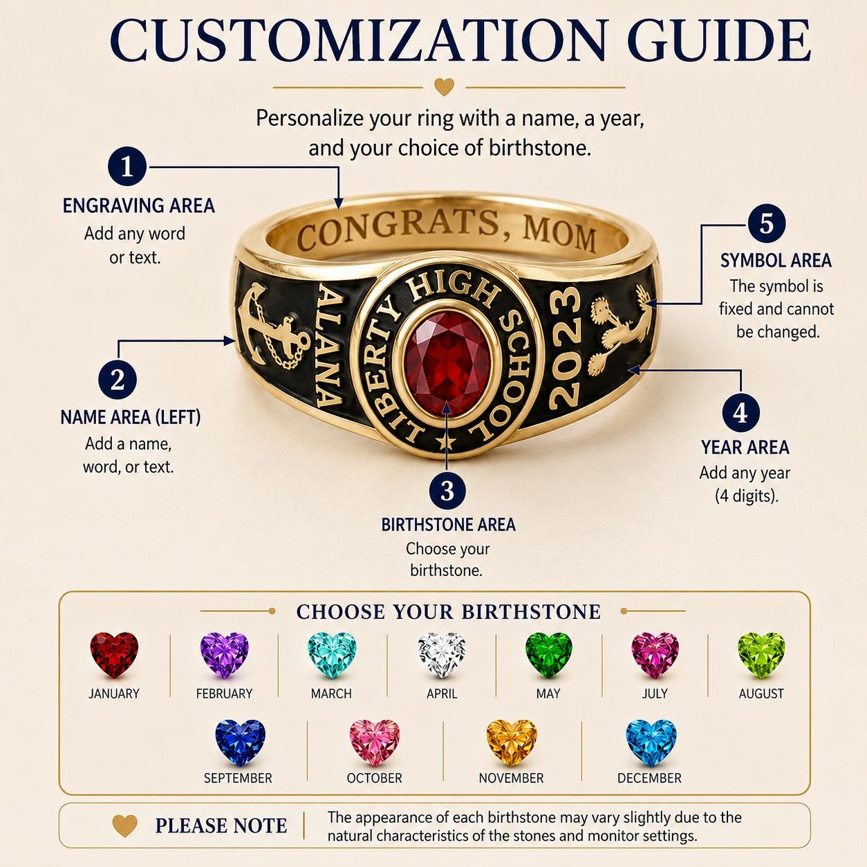 Personalized School Class Birthstone Ring | Custom Graduation Birthstone Jewelry | College Graduation Gift | BRS045