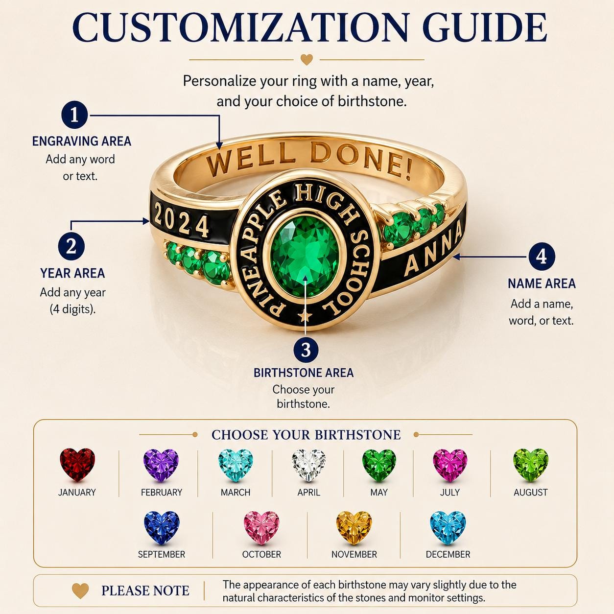 Personalized School Class Graduation Birthstone Ring | Custom Engraved Birthstone Ring For Senior | Elegant Academic Gift | B