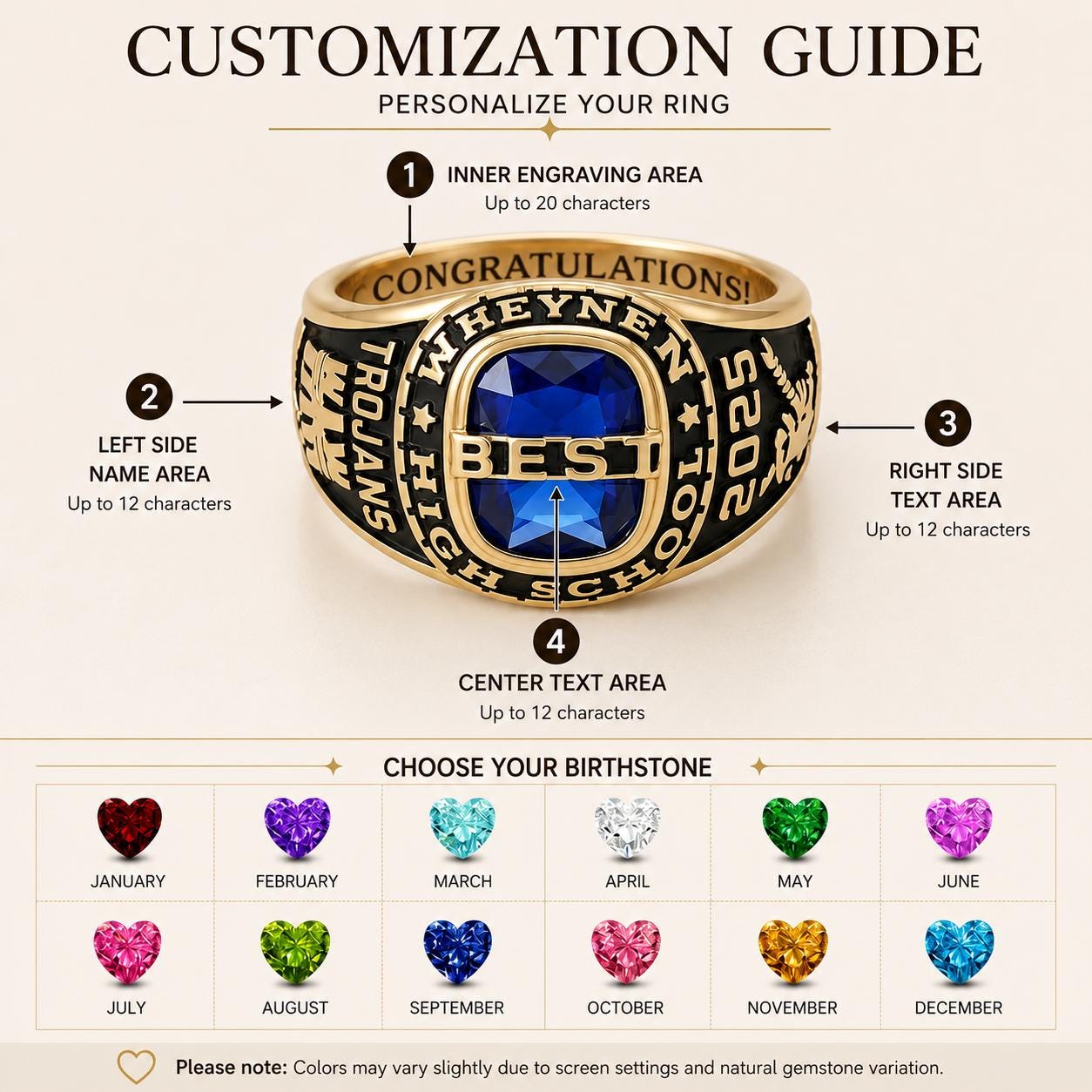 Personalized Senior Class Birthstone Ring | Custom Engraved School Class Birthstone Ring | Bold Vintage Graduation Keepsake |