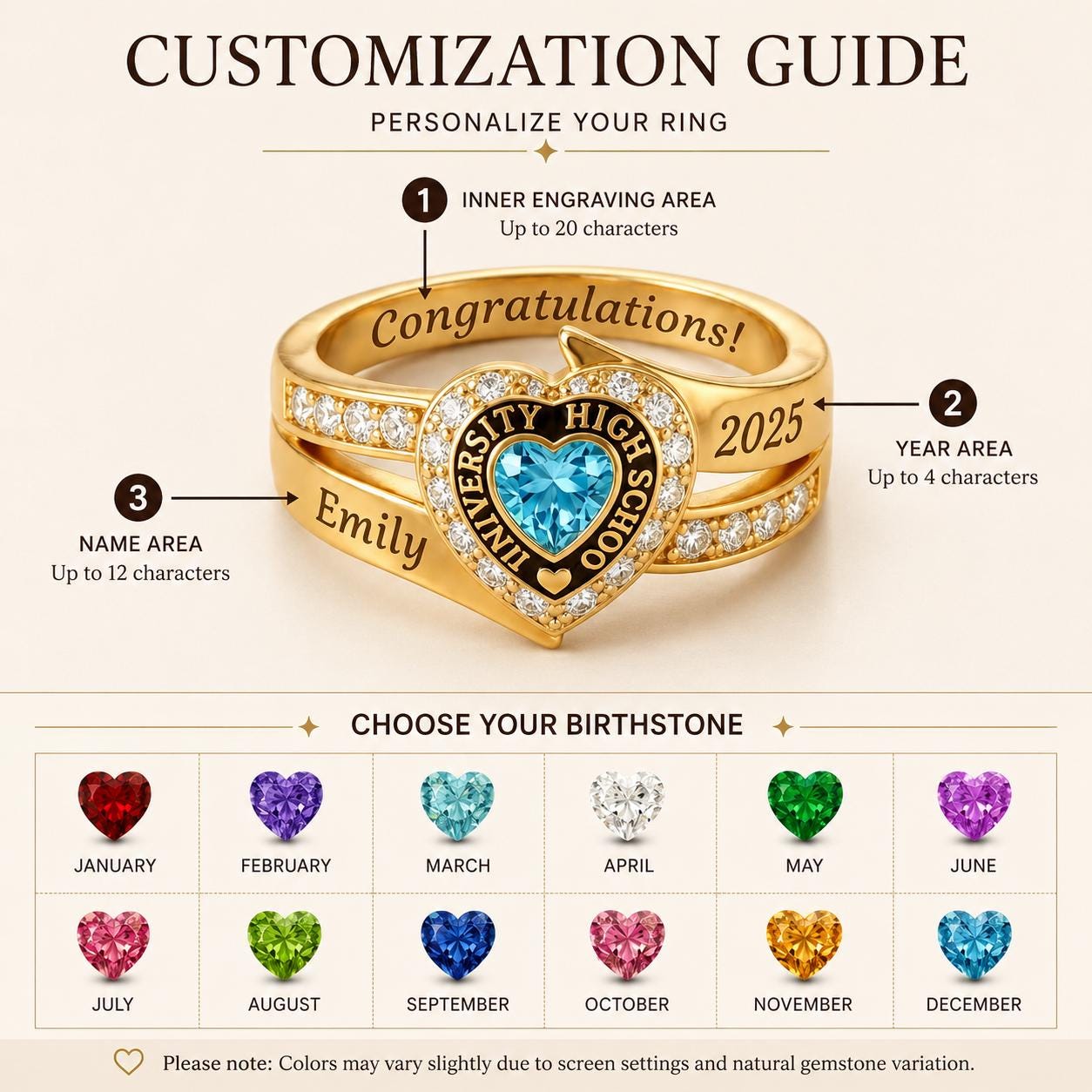 Personalized Heart School Class Birthstone Ring | Custom Engraved Graduation Birthstone Ring Gift | Elegant School Jewelry |