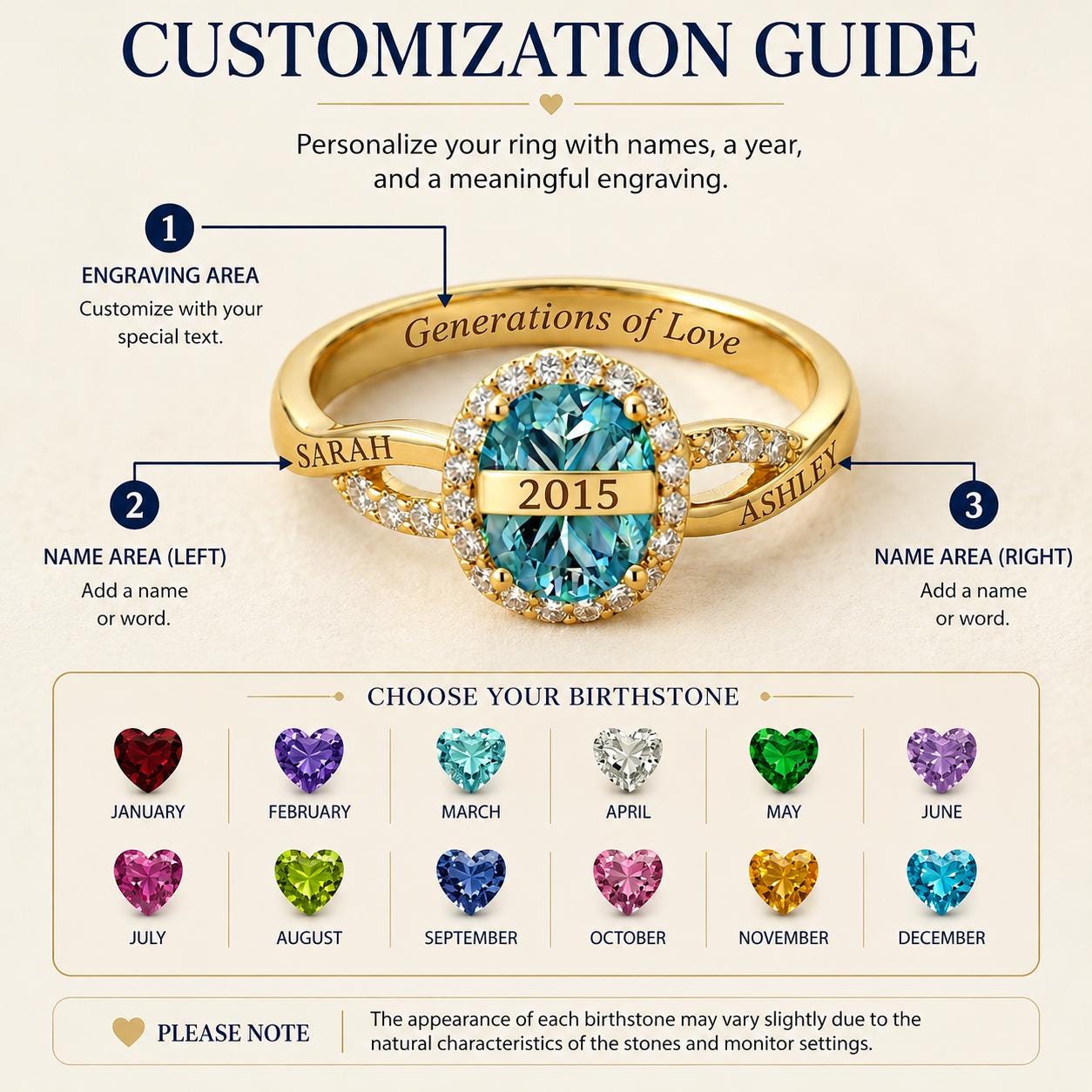 Personalized engraved family birthstone ring with names and dates