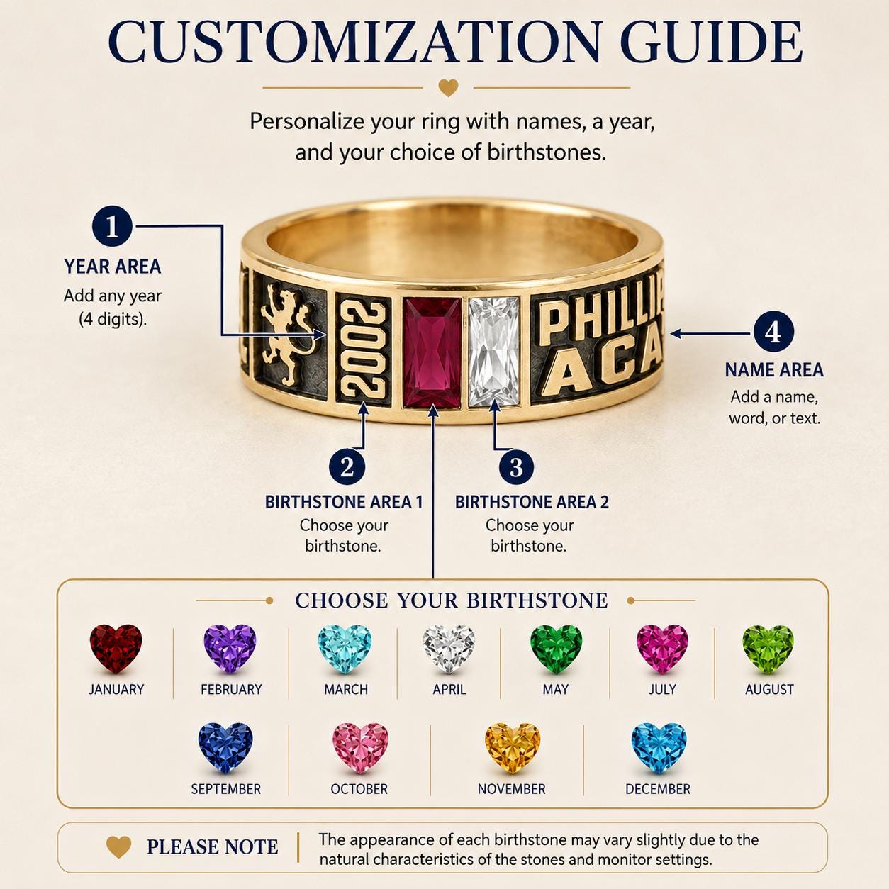 Personalized Graduation Class Ring with Birthstones | Custom College Ring Gift | Vintage Inspired Graduation Keepsake Jewelry