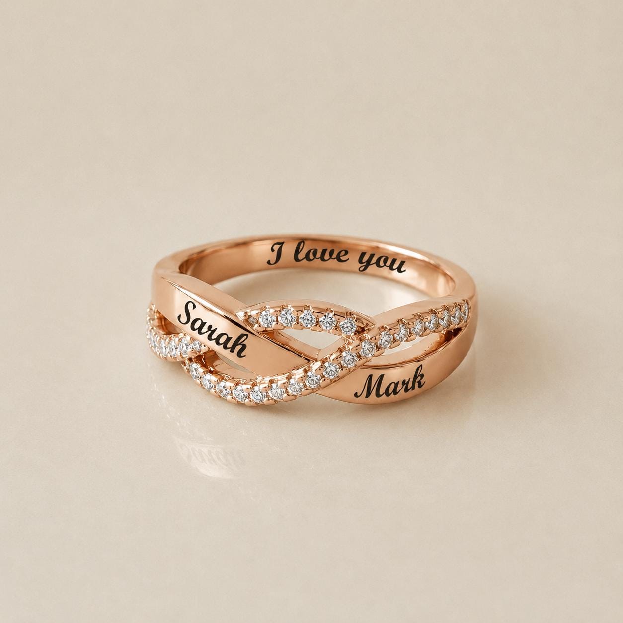Personalized infinity name ring with pavé accent stones