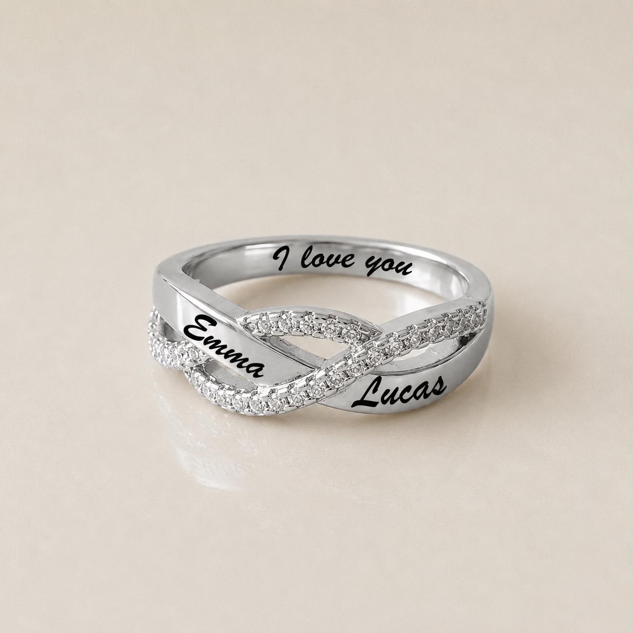 Personalized infinity name ring with pavé accent stones