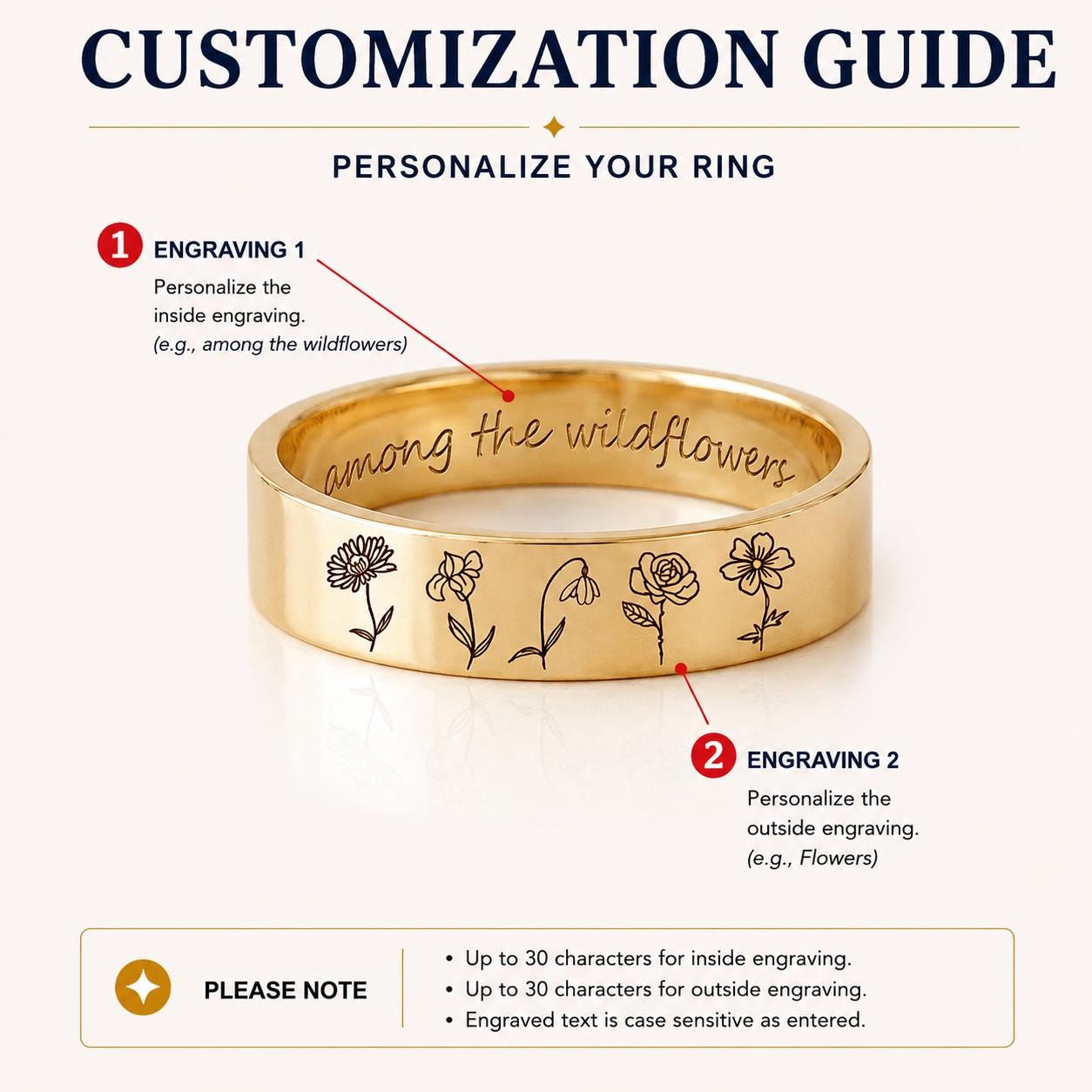 Personalized engraved wildflower ring with custom inner message