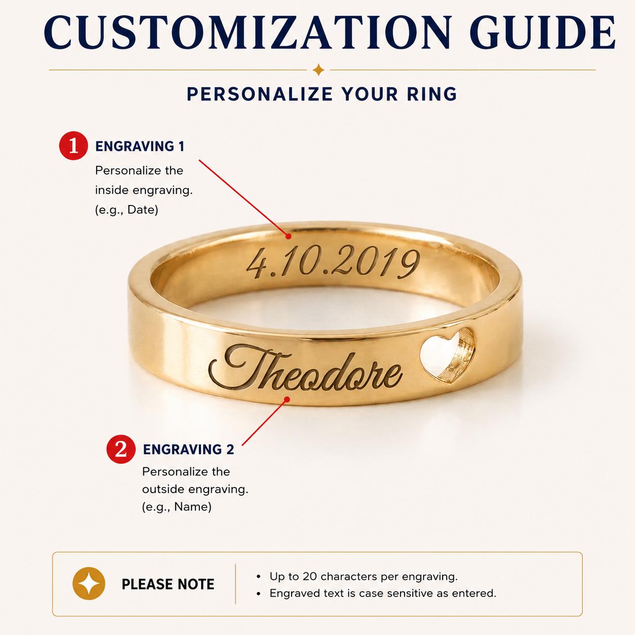 Personalized name and date ring with engraved heart detail
