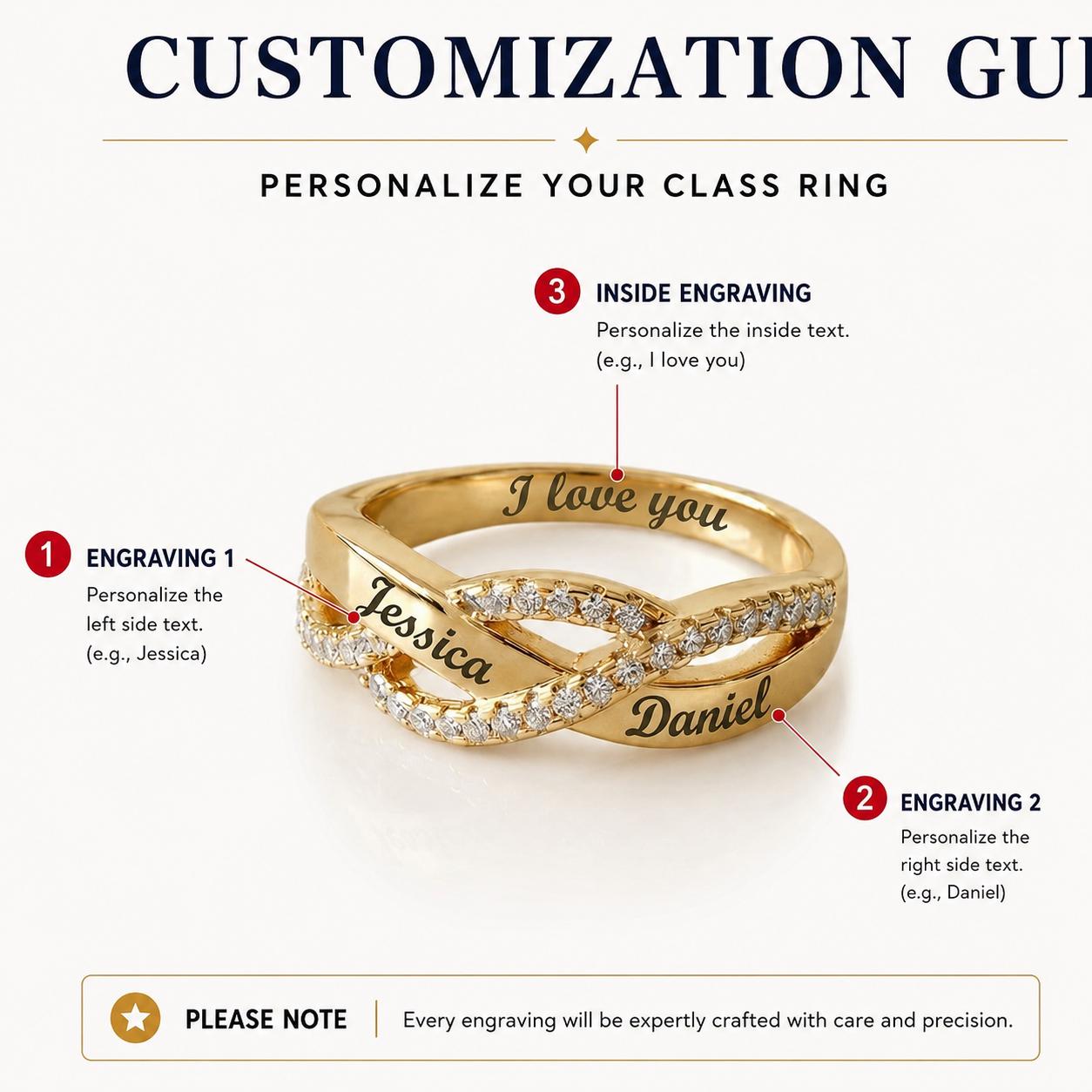 Personalized infinity name ring with pavé accent stones