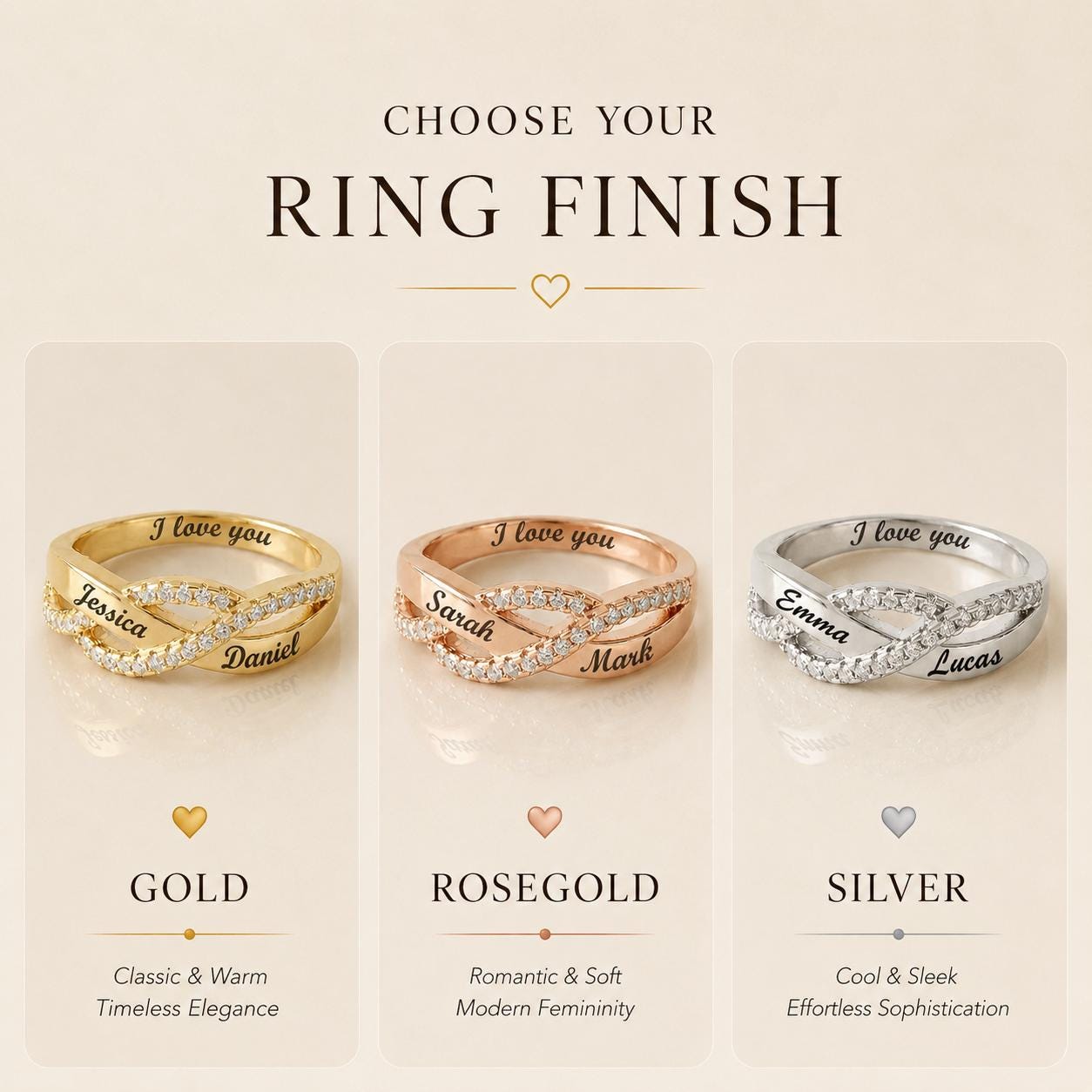 Personalized infinity name ring with pavé accent stones