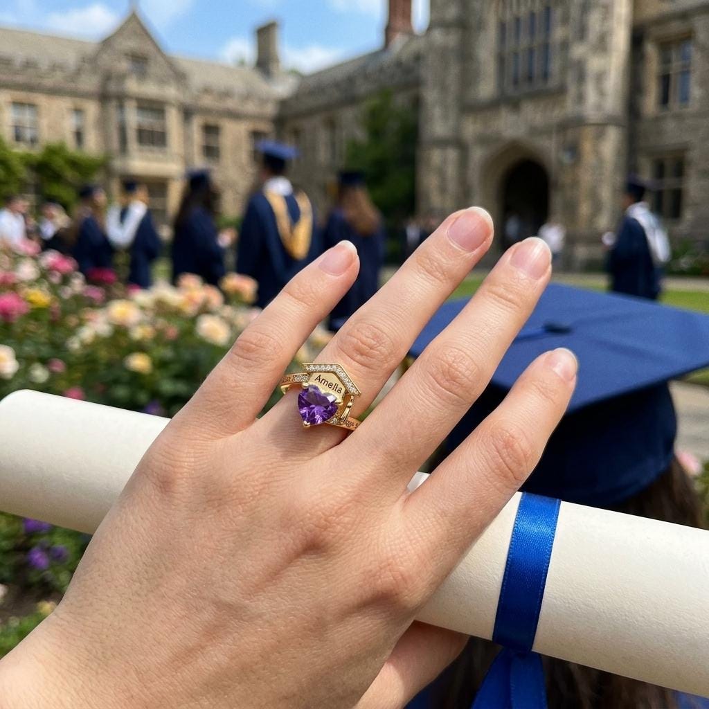 Graduation Cap Birthstone Ring | Personalized School Keepsake Jewelry | Custom Graduate Gift with Name | BRS060