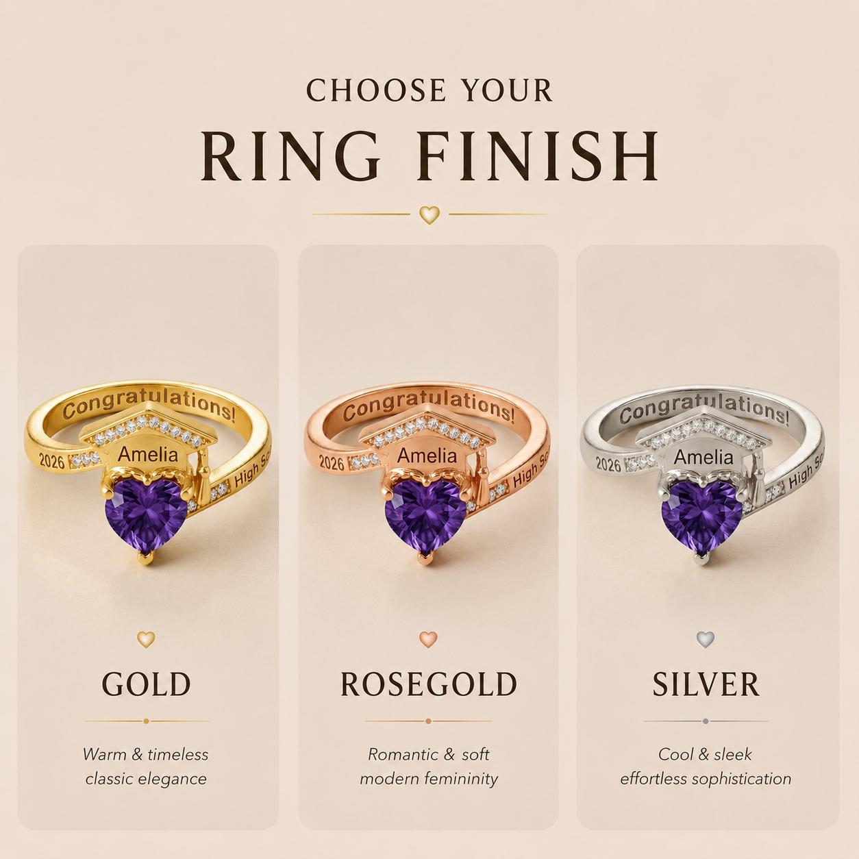 Graduation Cap Birthstone Ring | Personalized School Keepsake Jewelry | Custom Graduate Gift with Name | BRS060
