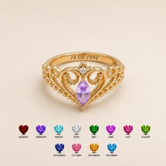 Personalized crown heart birthstone ring with inside engraving