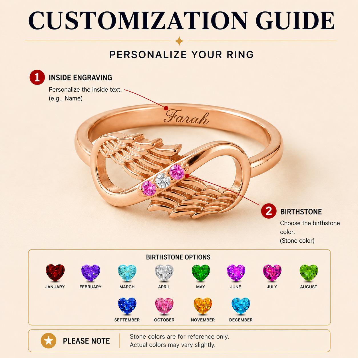 Personalized Angel Wing Birthstone Ring for Mom | Custom Name Infinity Ring Gift | Memorial Jewelry for Grandma | BRS090
