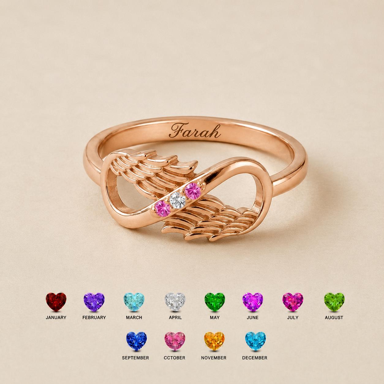 Personalized Angel Wing Birthstone Ring for Mom | Custom Name Infinity Ring Gift | Memorial Jewelry for Grandma | BRS090