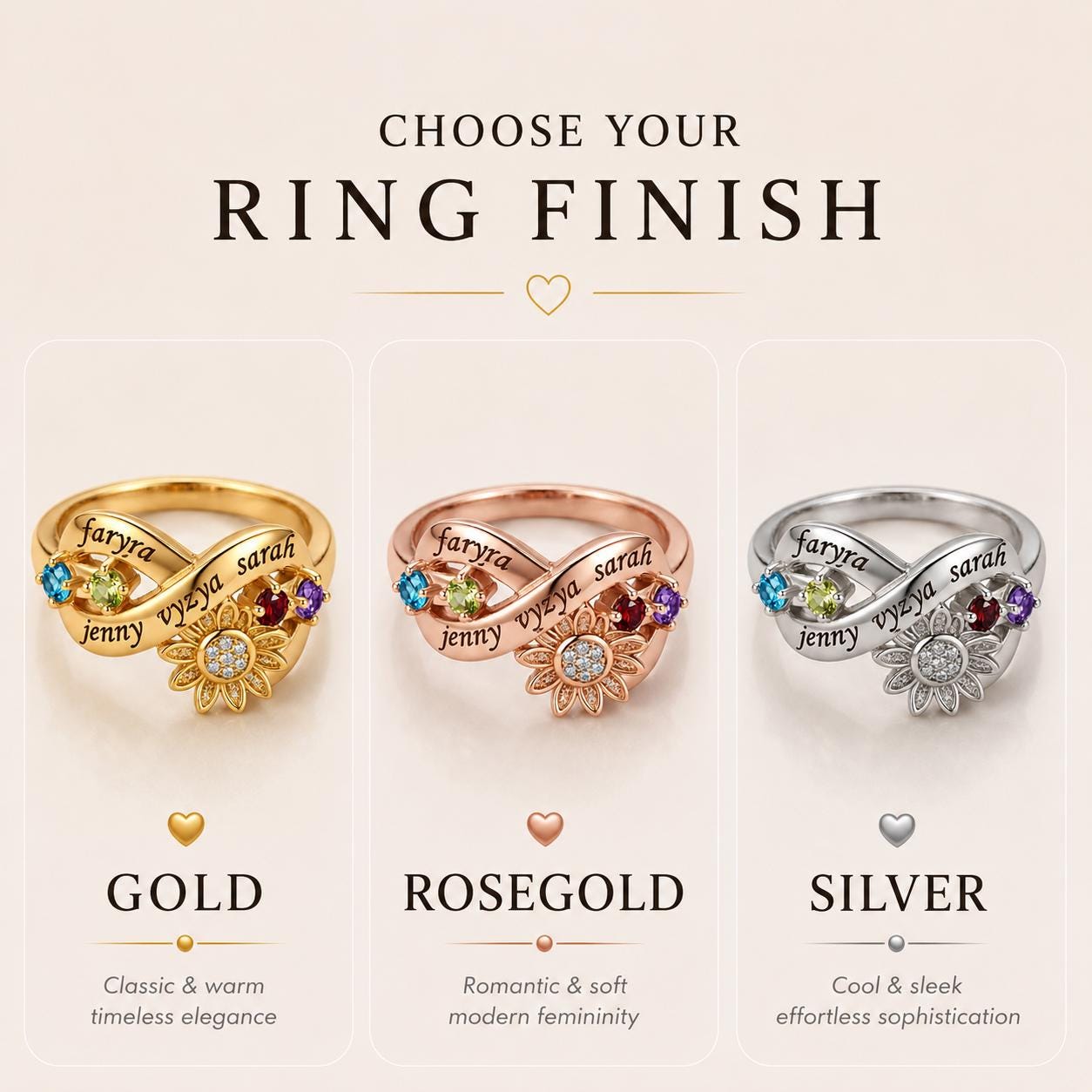 Personalized sunflower name and birthstone family ring