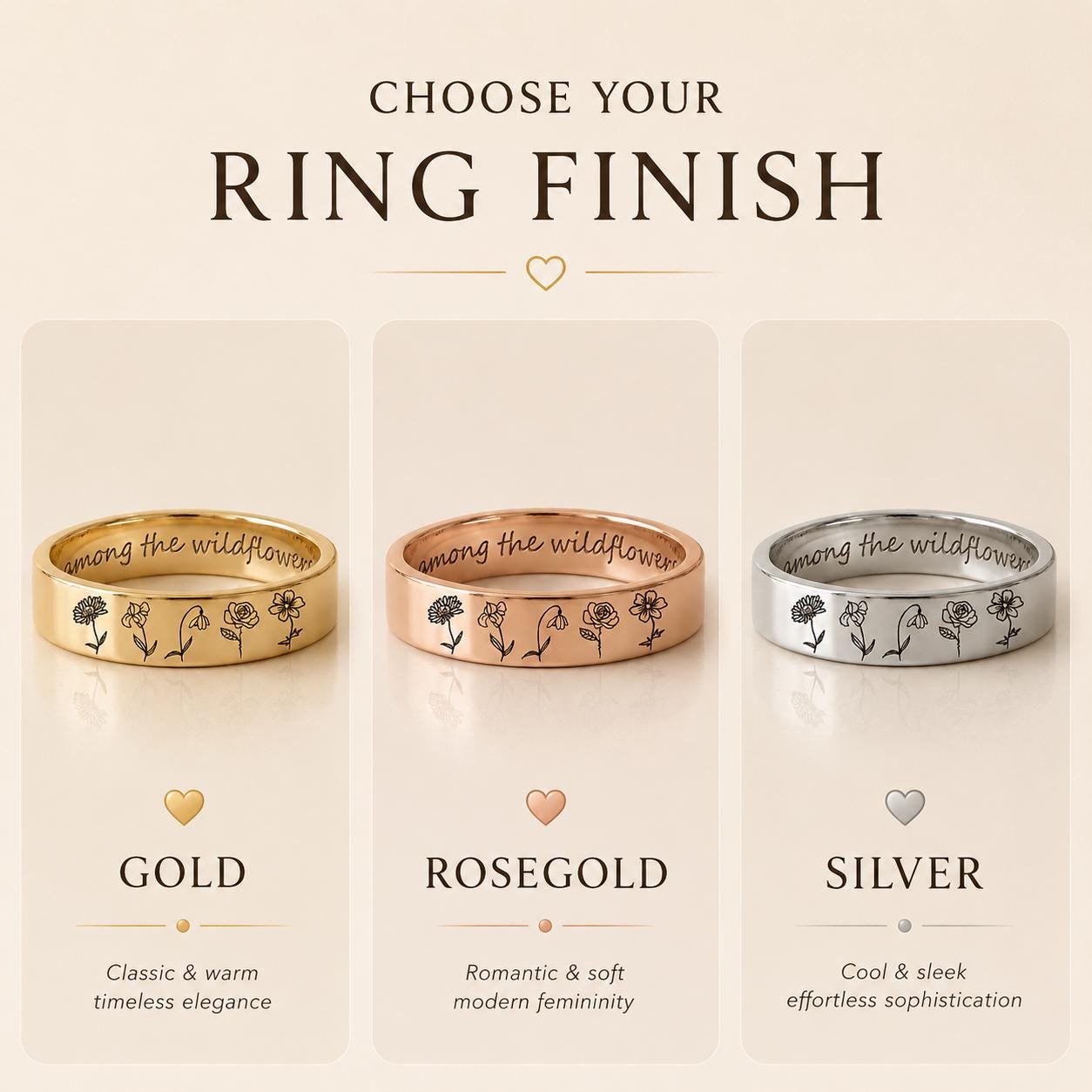 Personalized engraved wildflower ring with custom inner message
