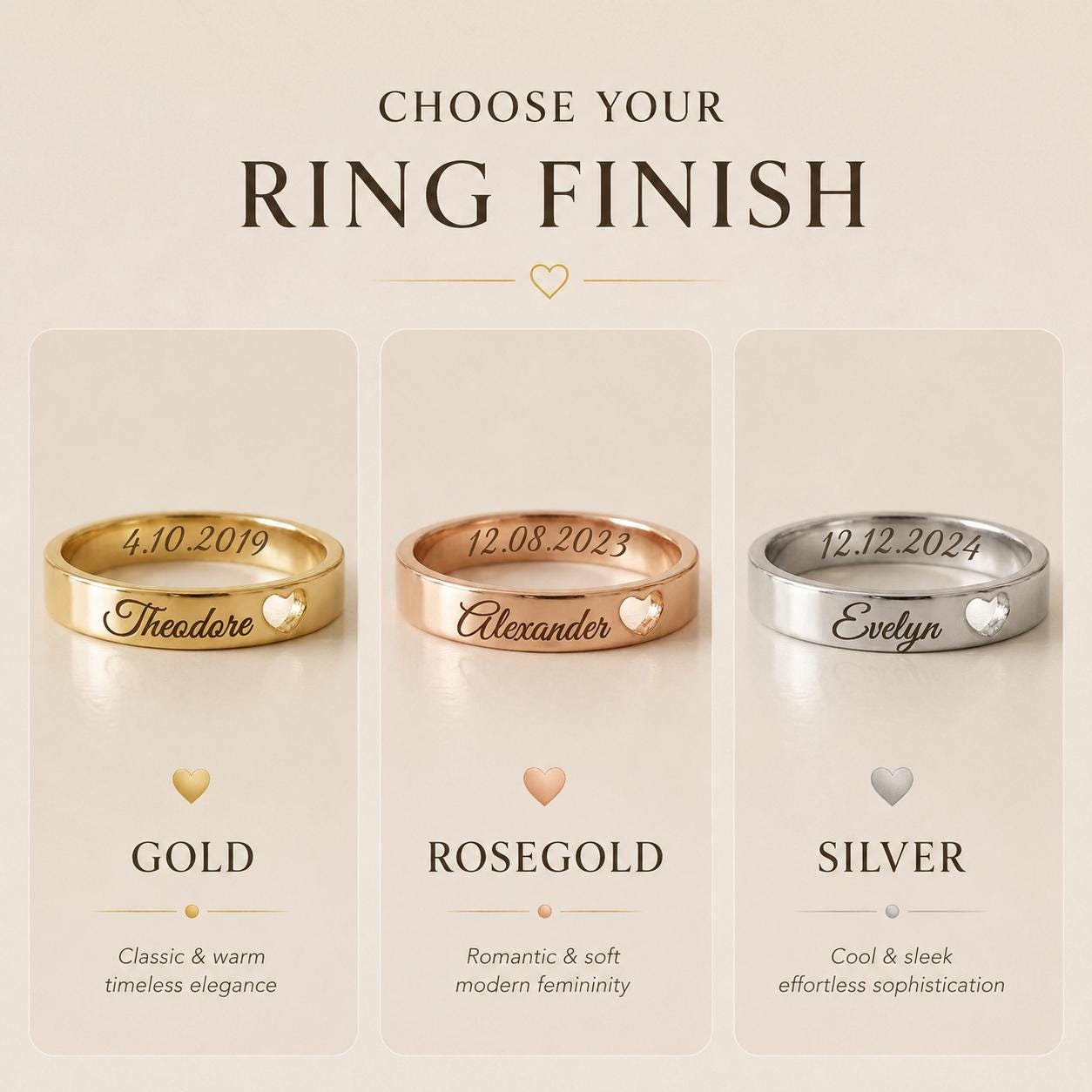Personalized name and date ring with engraved heart detail