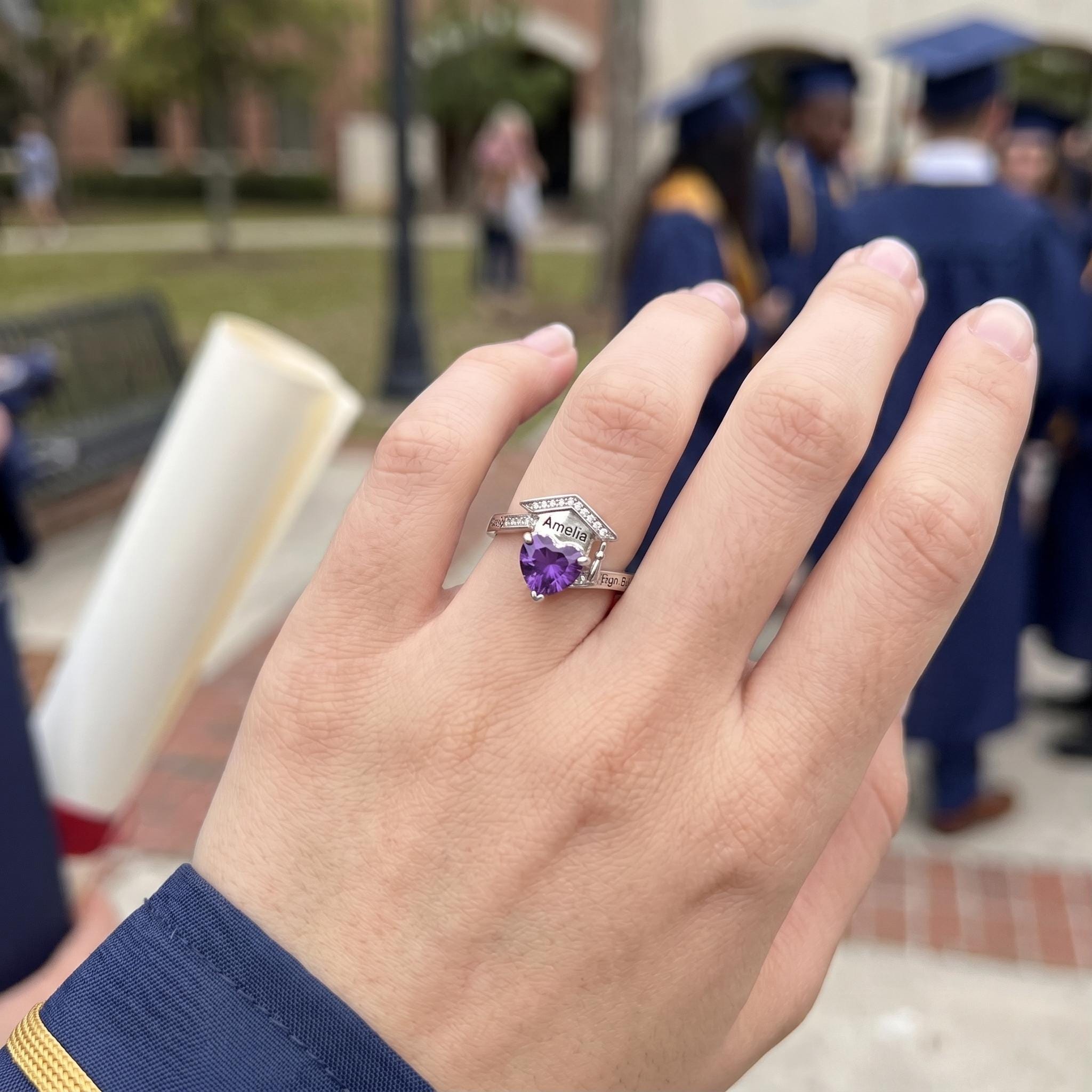 Graduation Cap Birthstone Ring | Personalized School Keepsake Jewelry | Custom Graduate Gift with Name | BRS060