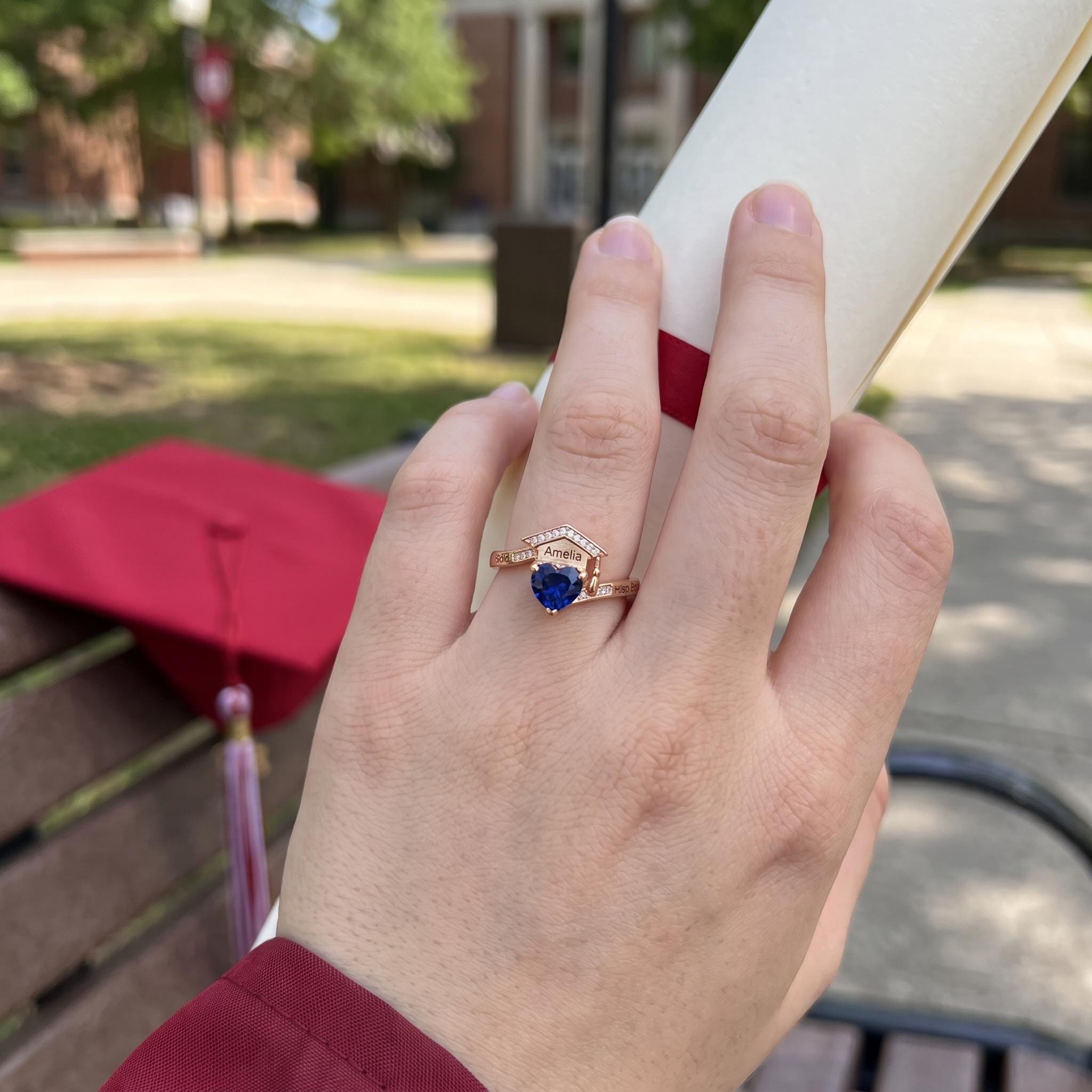 Graduation Cap Birthstone Ring | Personalized School Keepsake Jewelry | Custom Graduate Gift with Name | BRS060