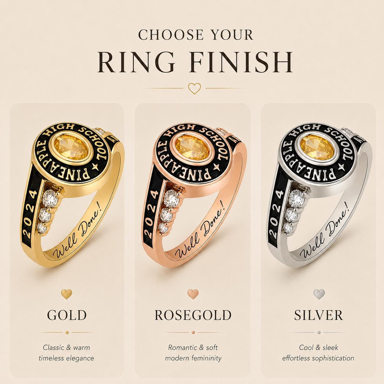 Personalized School Class Graduation Birthstone Ring | Custom Engraved Birthstone Ring For Senior | Elegant Academic Gift | B
