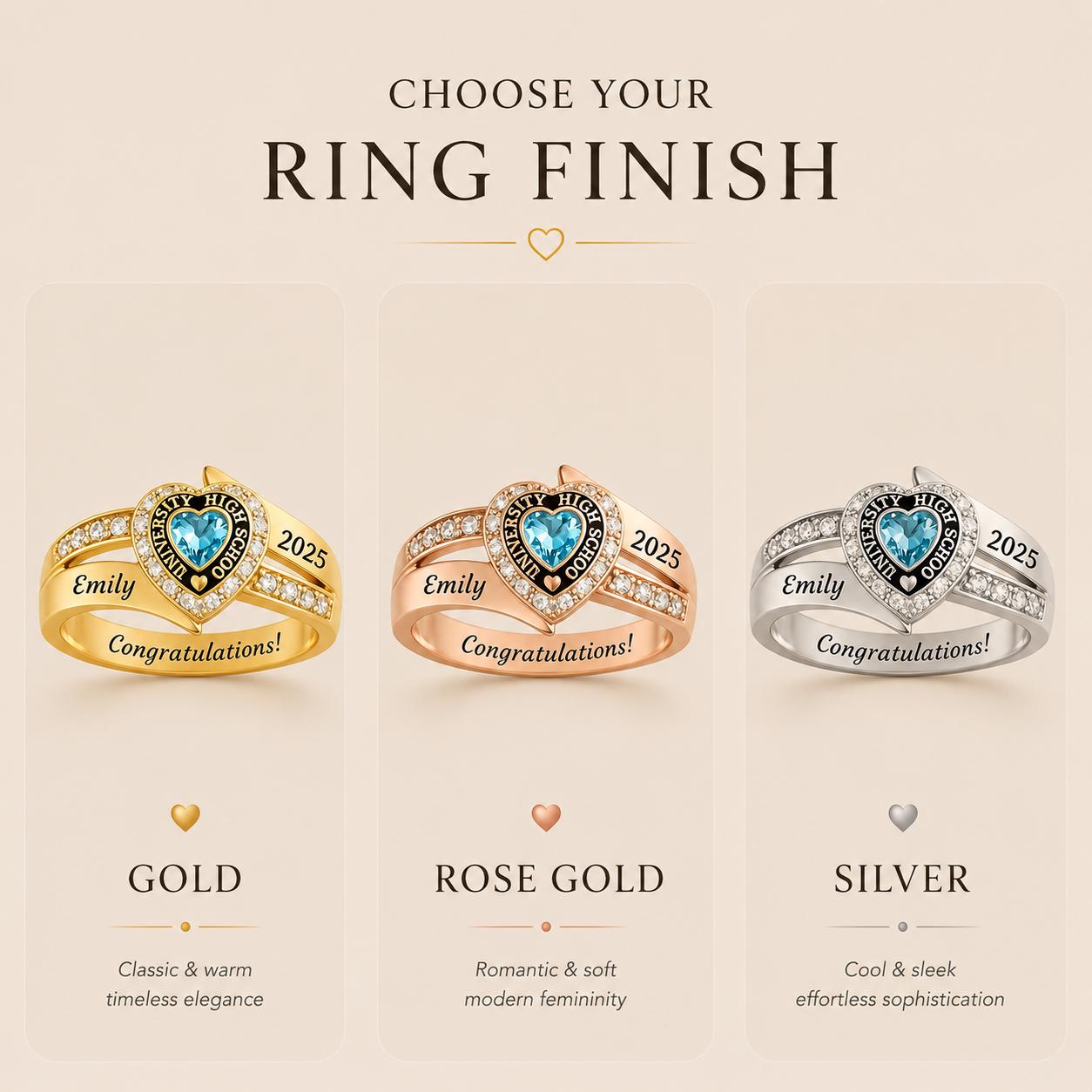 Personalized Heart School Class Birthstone Ring | Custom Engraved Graduation Birthstone Ring Gift | Elegant School Jewelry |