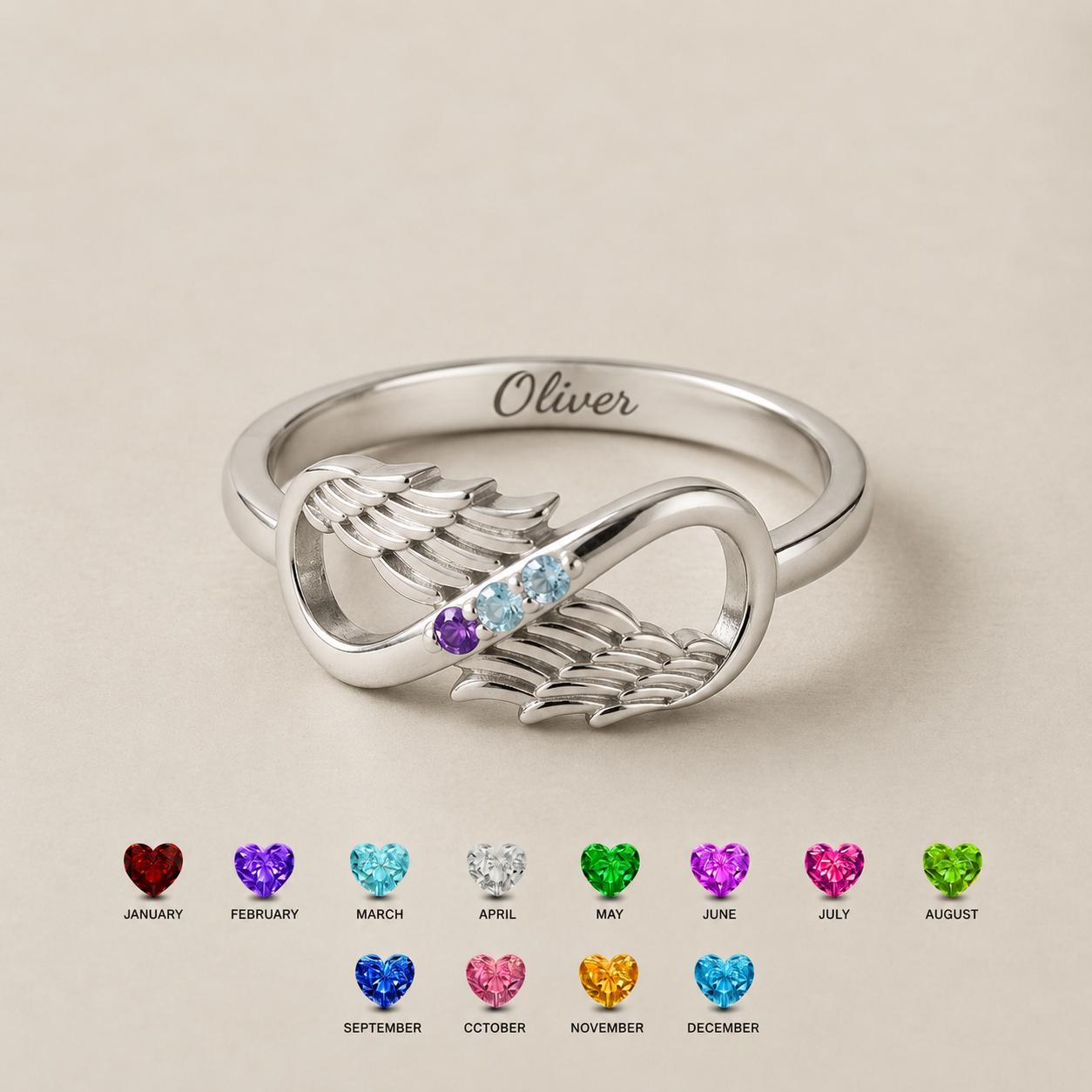 Personalized Angel Wing Birthstone Ring for Mom | Custom Name Infinity Ring Gift | Memorial Jewelry for Grandma | BRS090