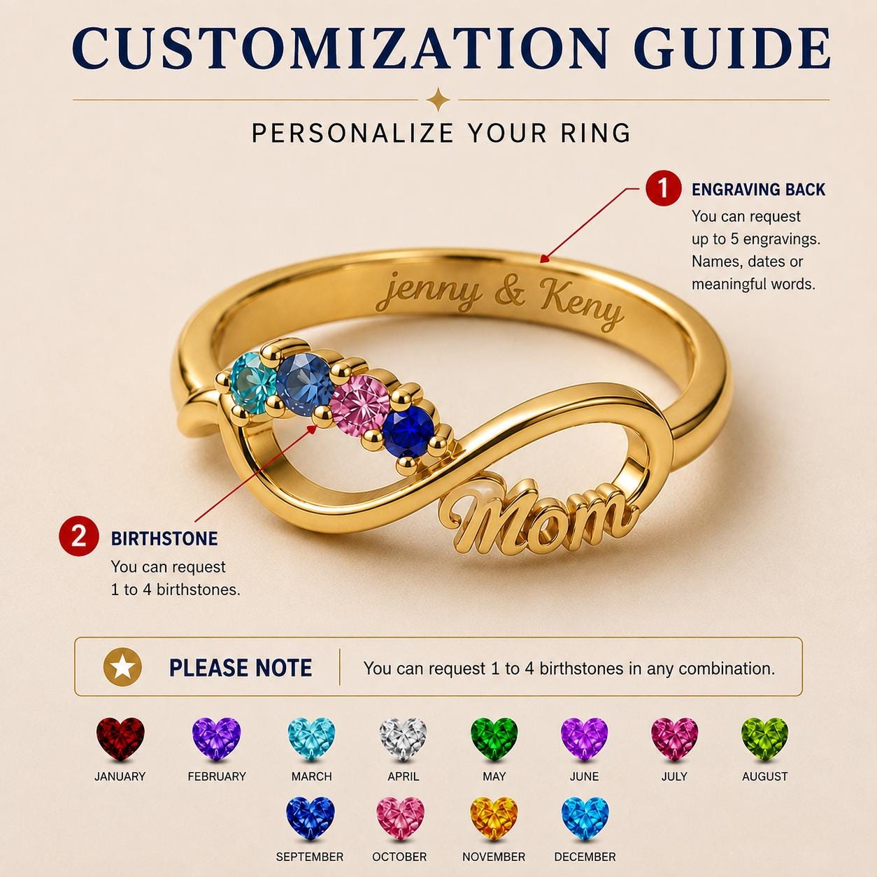Personalized Mom Infinity Birthstone Ring | Custom Family Ring with 4 Birthstones & Engraving | Mother Grandma Gift | BRS117