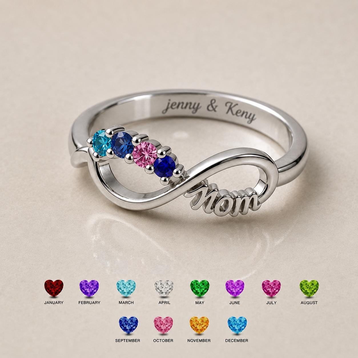 Personalized Mom Infinity Birthstone Ring | Custom Family Ring with 4 Birthstones & Engraving | Mother Grandma Gift | BRS117