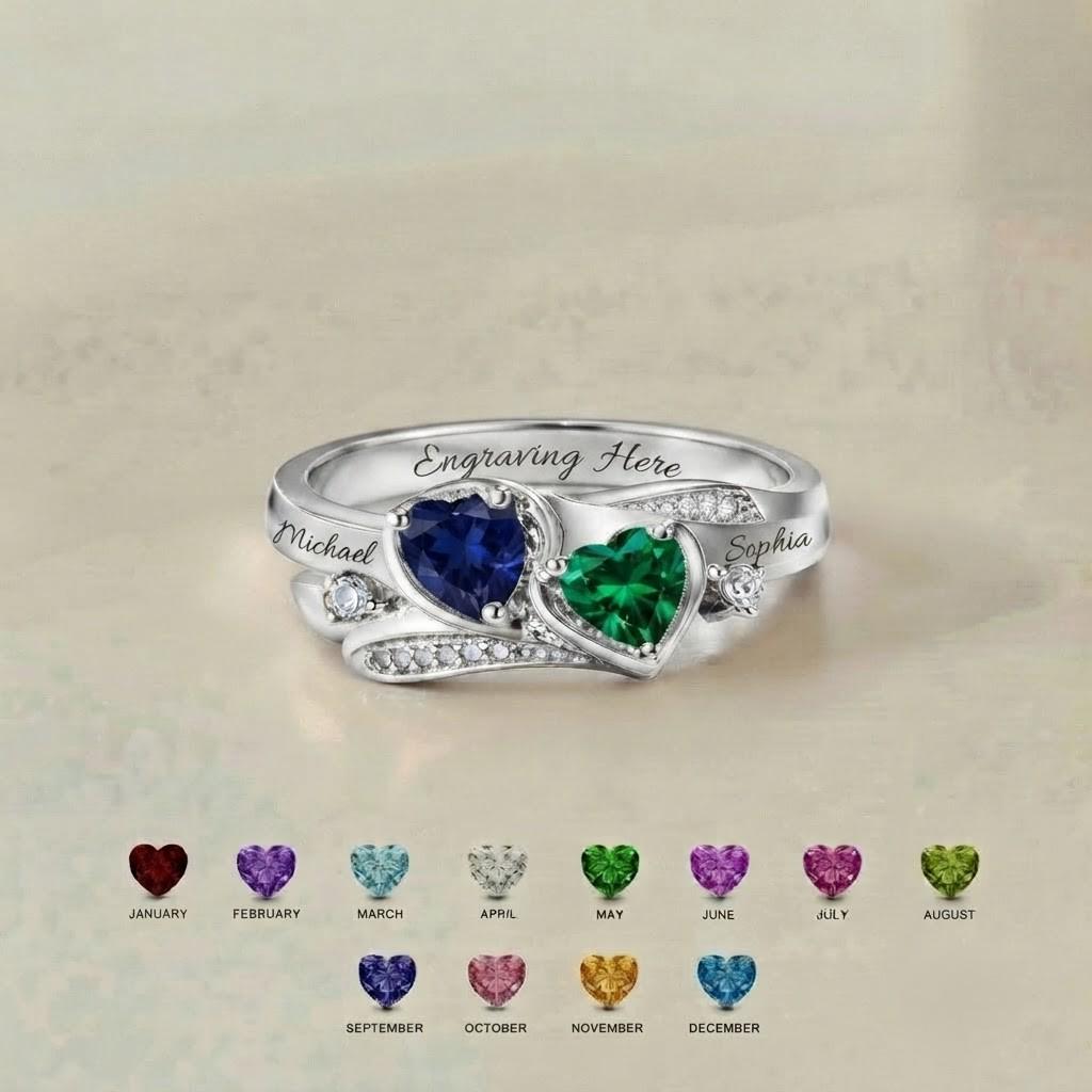 Personalized two-heart name and birthstone ring