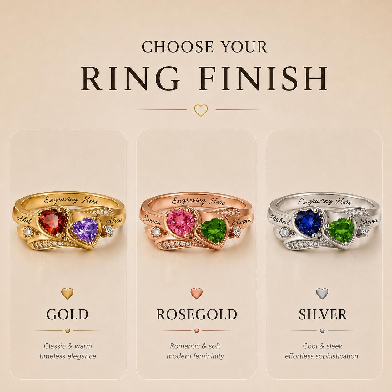 Personalized two-heart name and birthstone ring