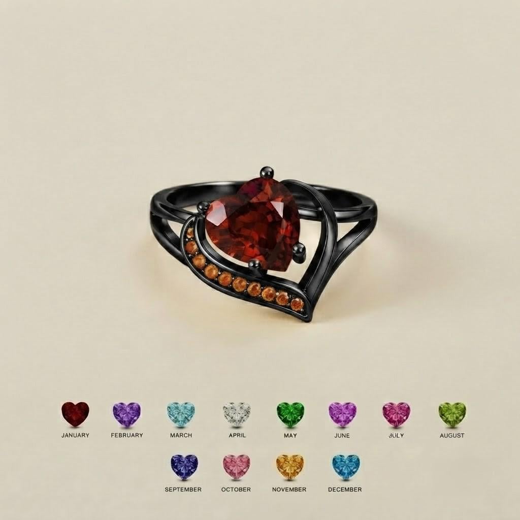 Personalized two-heart birthstone family ring