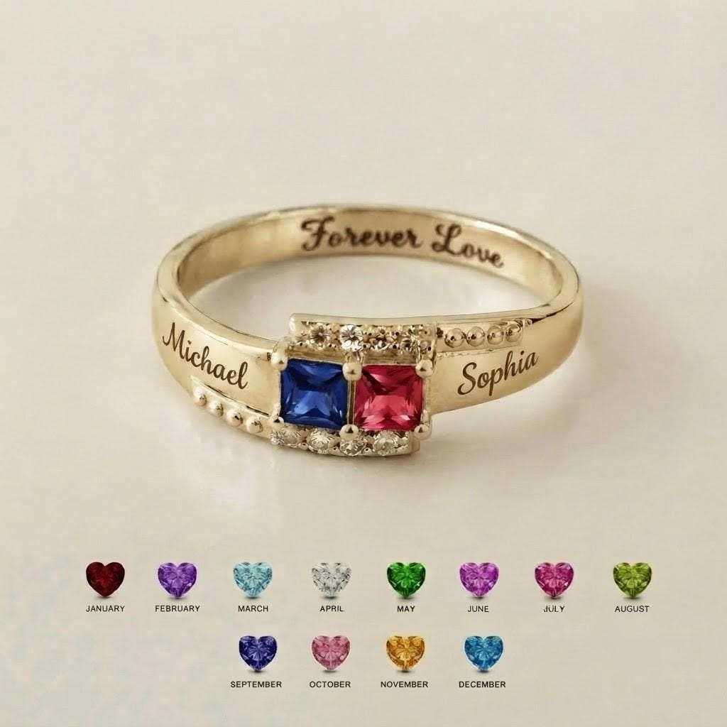 Personalized two-name birthstone ring with inside engraving