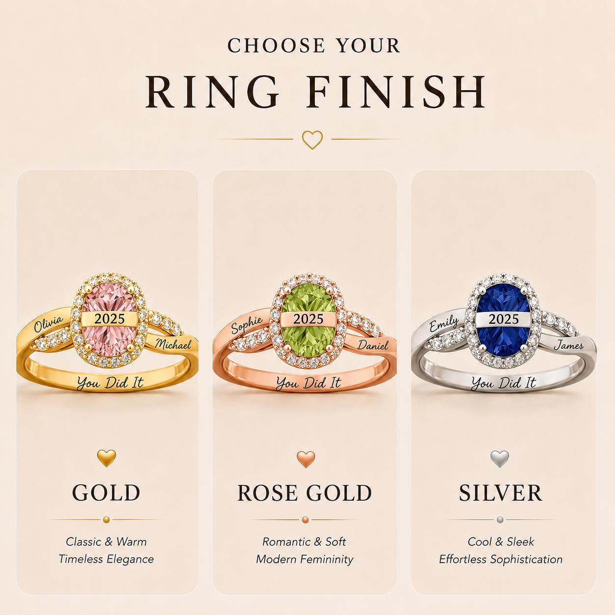 Personalized engraved family birthstone ring with names and dates