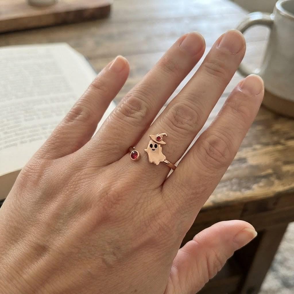Custom birthstone Halloween ring with playful ghost design