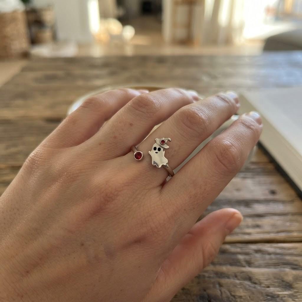 Personalized spooky-season ghost ring with birthstone