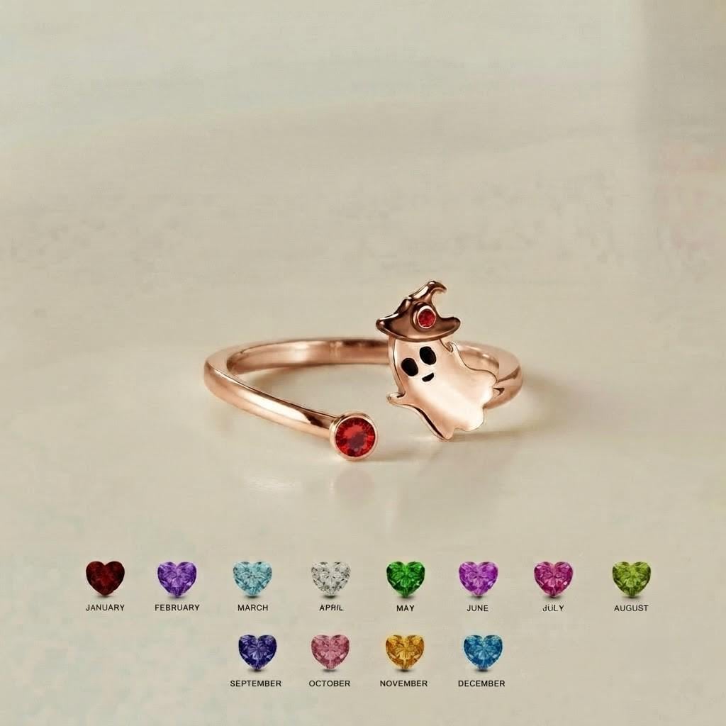 Spooky ghost and witch hat ring with custom birthstone