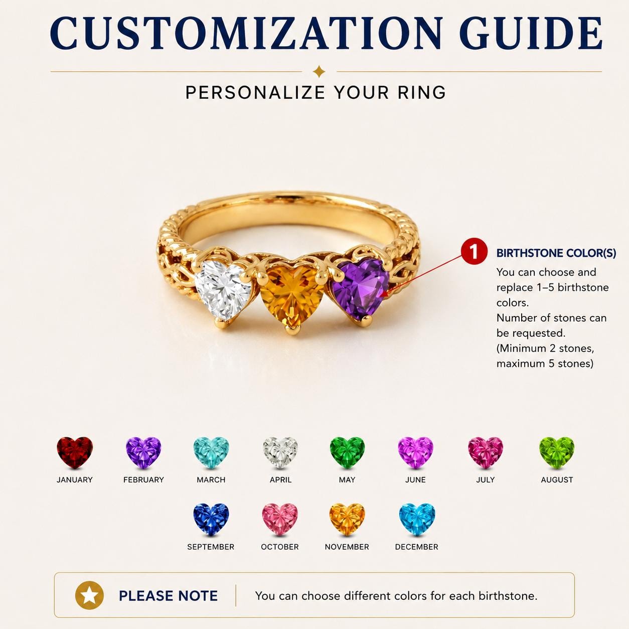 Personalized 3 Birthstone Heart Ring for Mom | Custom Family Ring Gift | Mothers Day Jewelry for Grandma Mother | BRS104