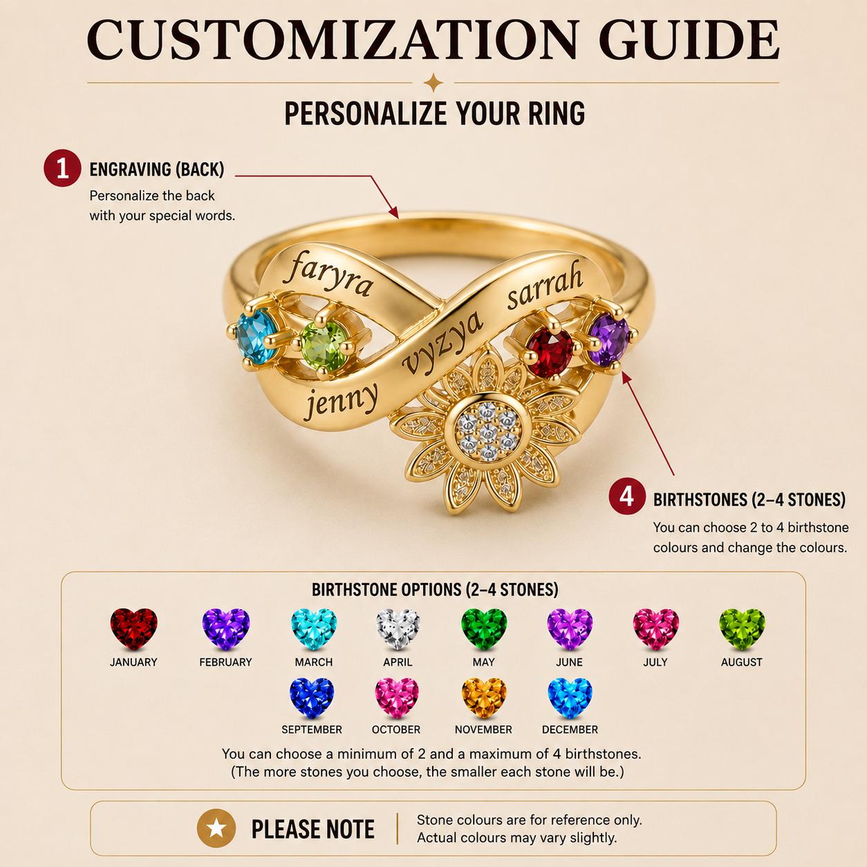 Personalized sunflower name and birthstone family ring