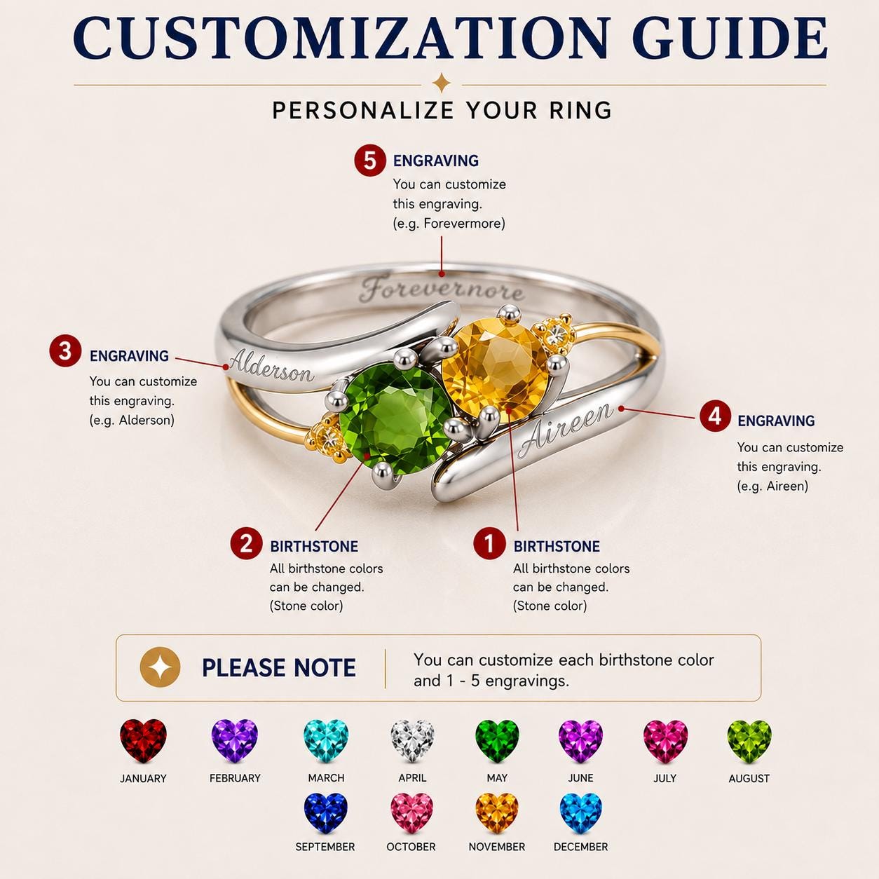 Personalized two-name two-birthstone ring