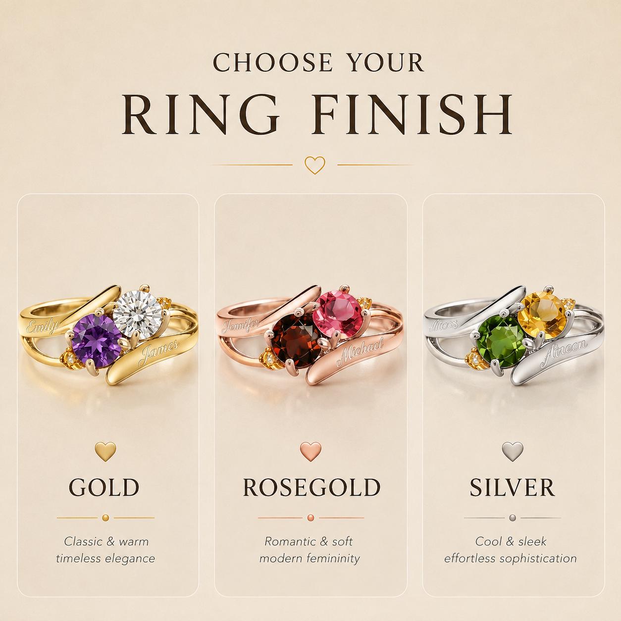Personalized two-name two-birthstone ring