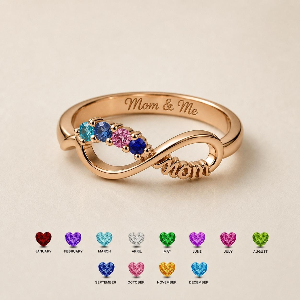 Personalized Mom Infinity Birthstone Ring | Custom Family Ring with 4 Birthstones & Engraving | Mother Grandma Gift | BRS117