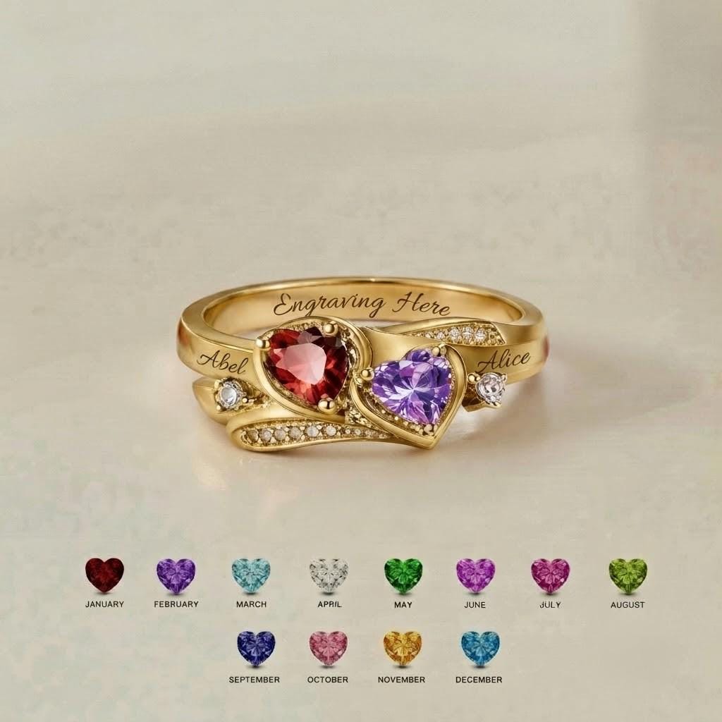 BRS123 two-heart birthstone and name ring