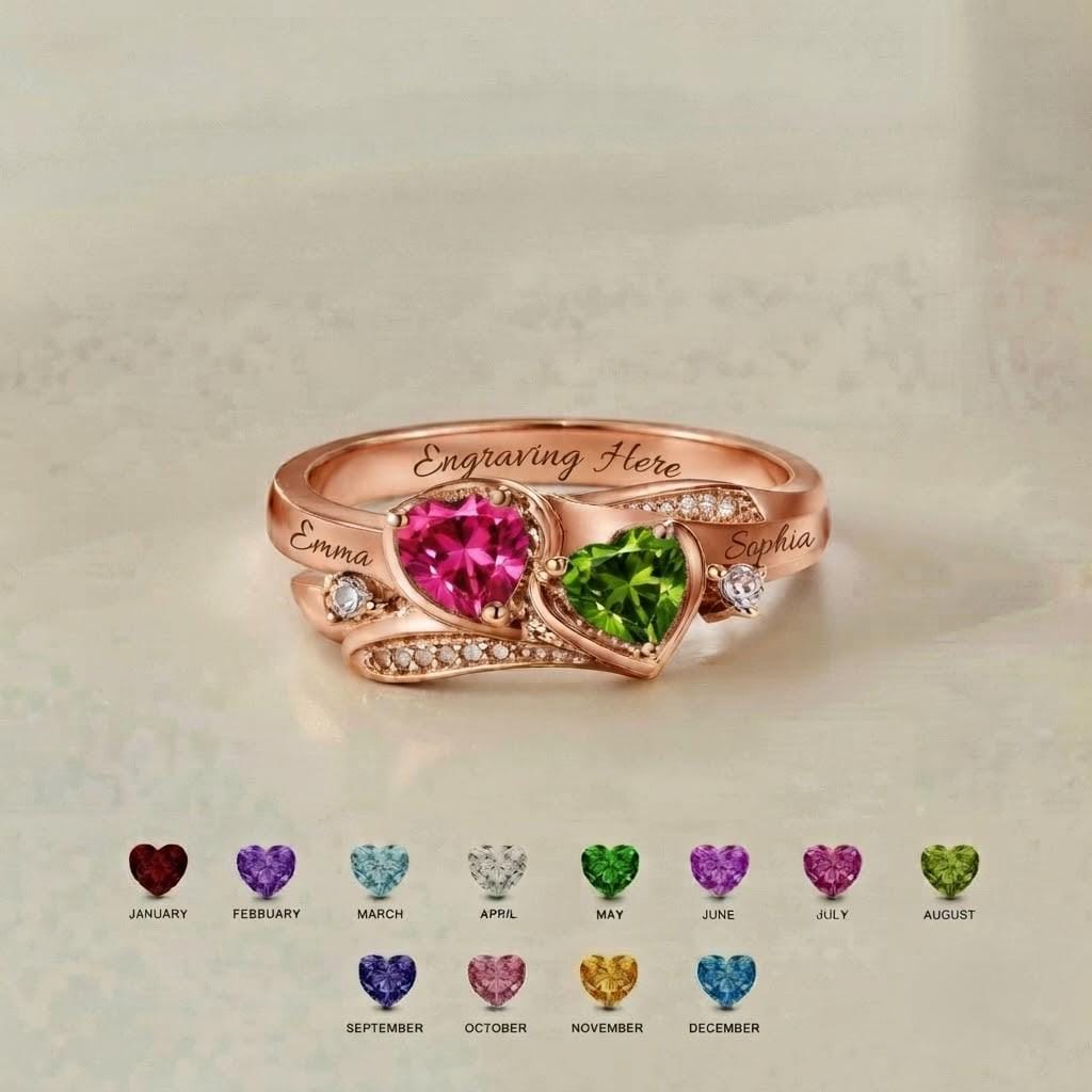 Personalized two-heart name and birthstone ring