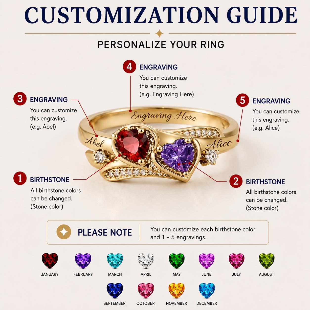 Personalized two-heart name and birthstone ring