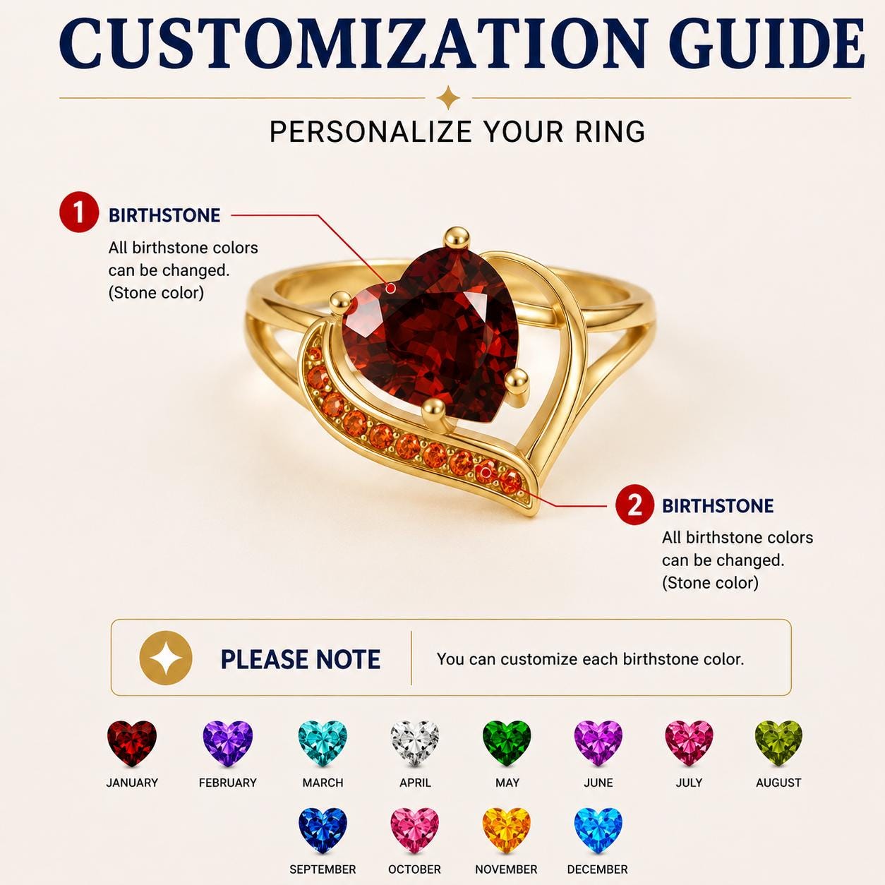 Personalized two-heart birthstone family ring