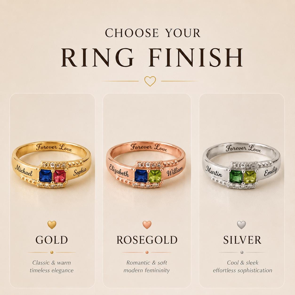 Personalized two-name birthstone ring with inside engraving